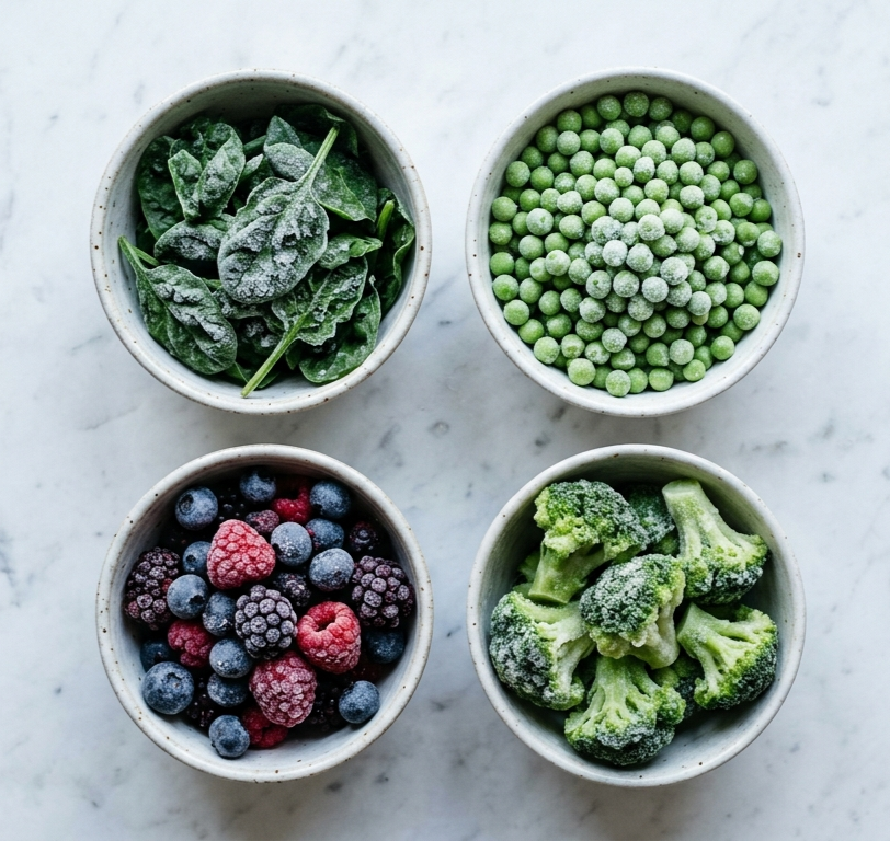Frutti di bosco e verdure surgelate in ciotole colorate pronte da usare in cucina